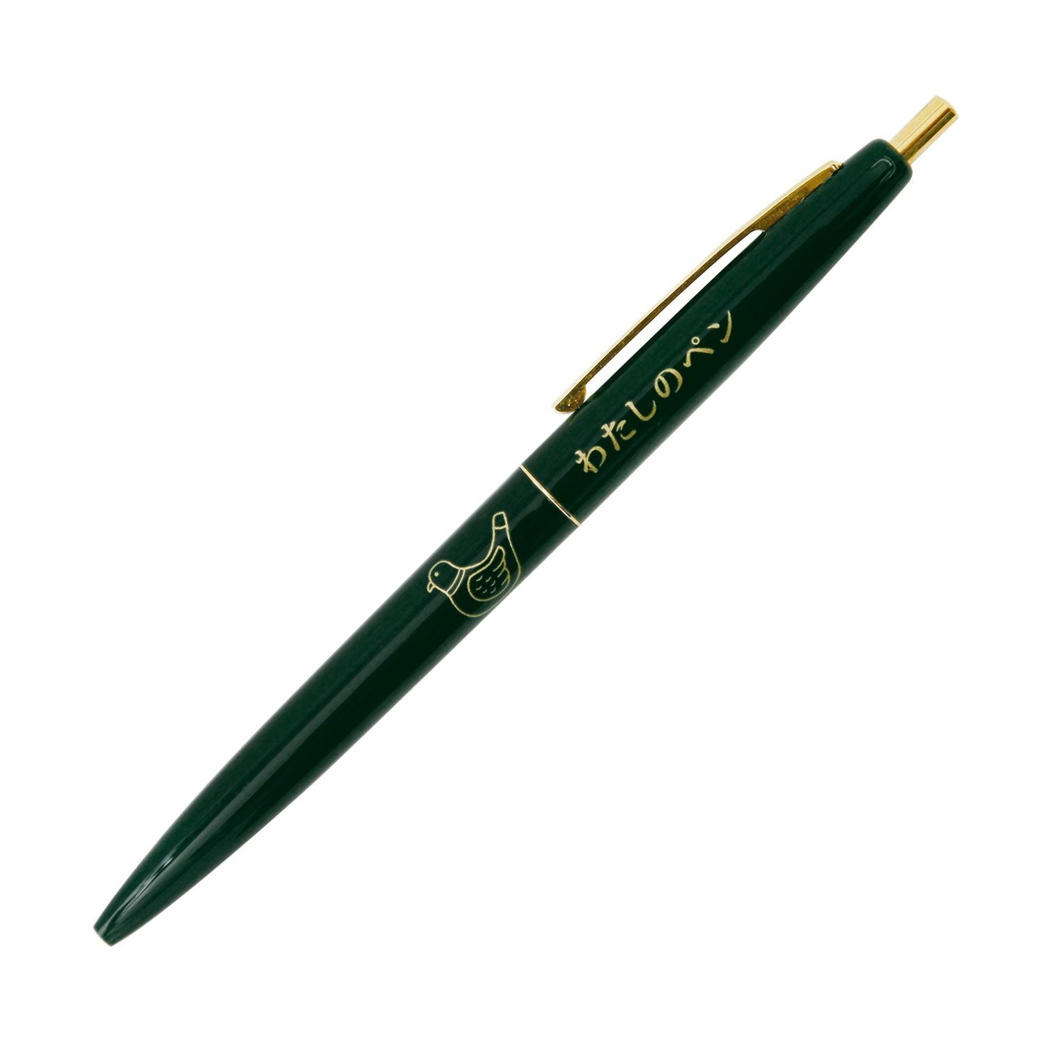 Dark green ballpoint pen with gold clip, pigeon illustration and Japanese text printed on body.