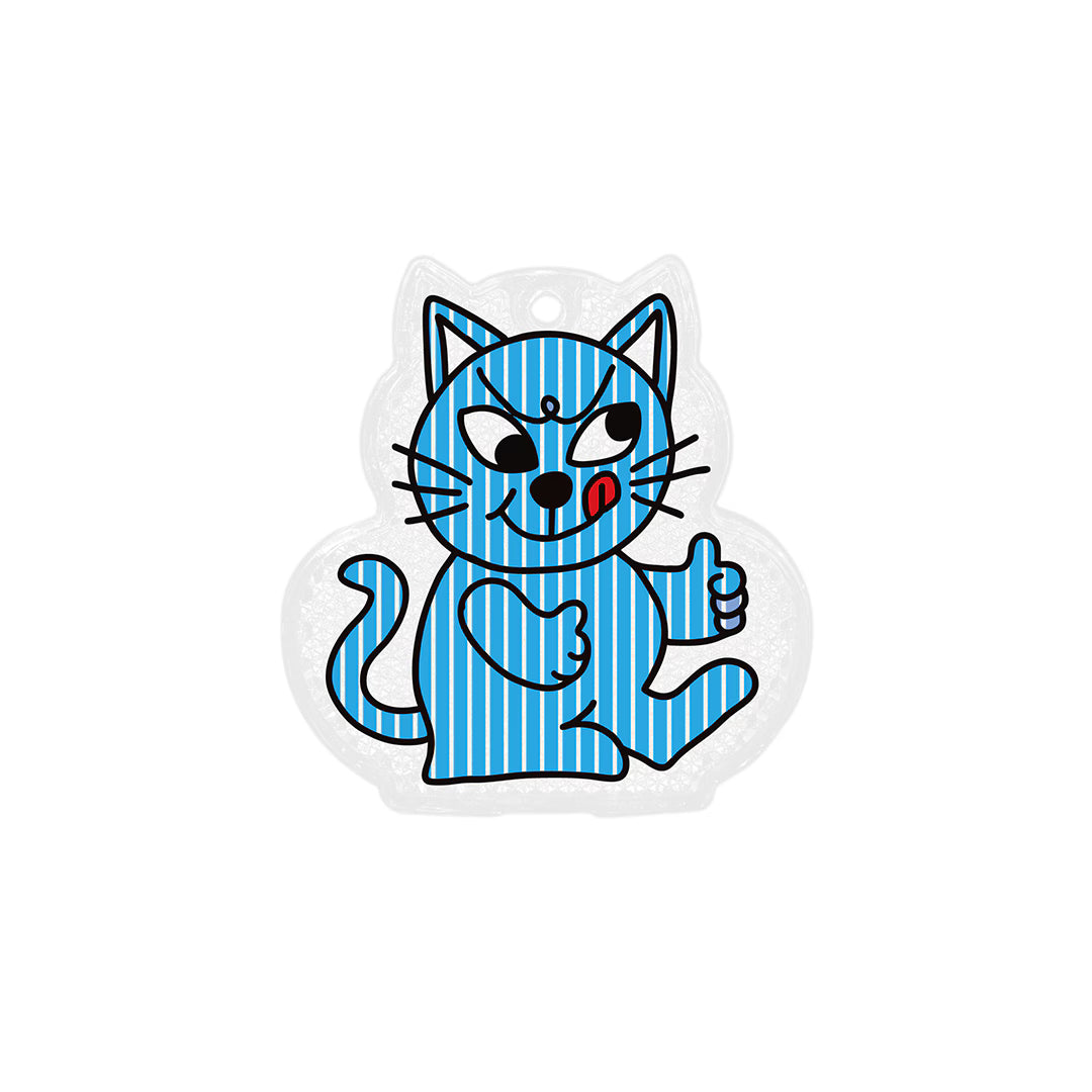 Cat-shaped reflector keychain with a Blue striped cheeky cat illustration giving a thumbs up.