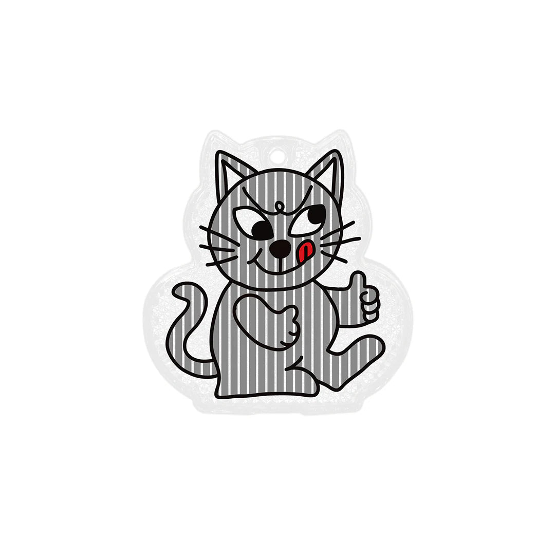 Gray striped cat reflector keychain with winking face, red tongue and thumbs-up, with hanging hole