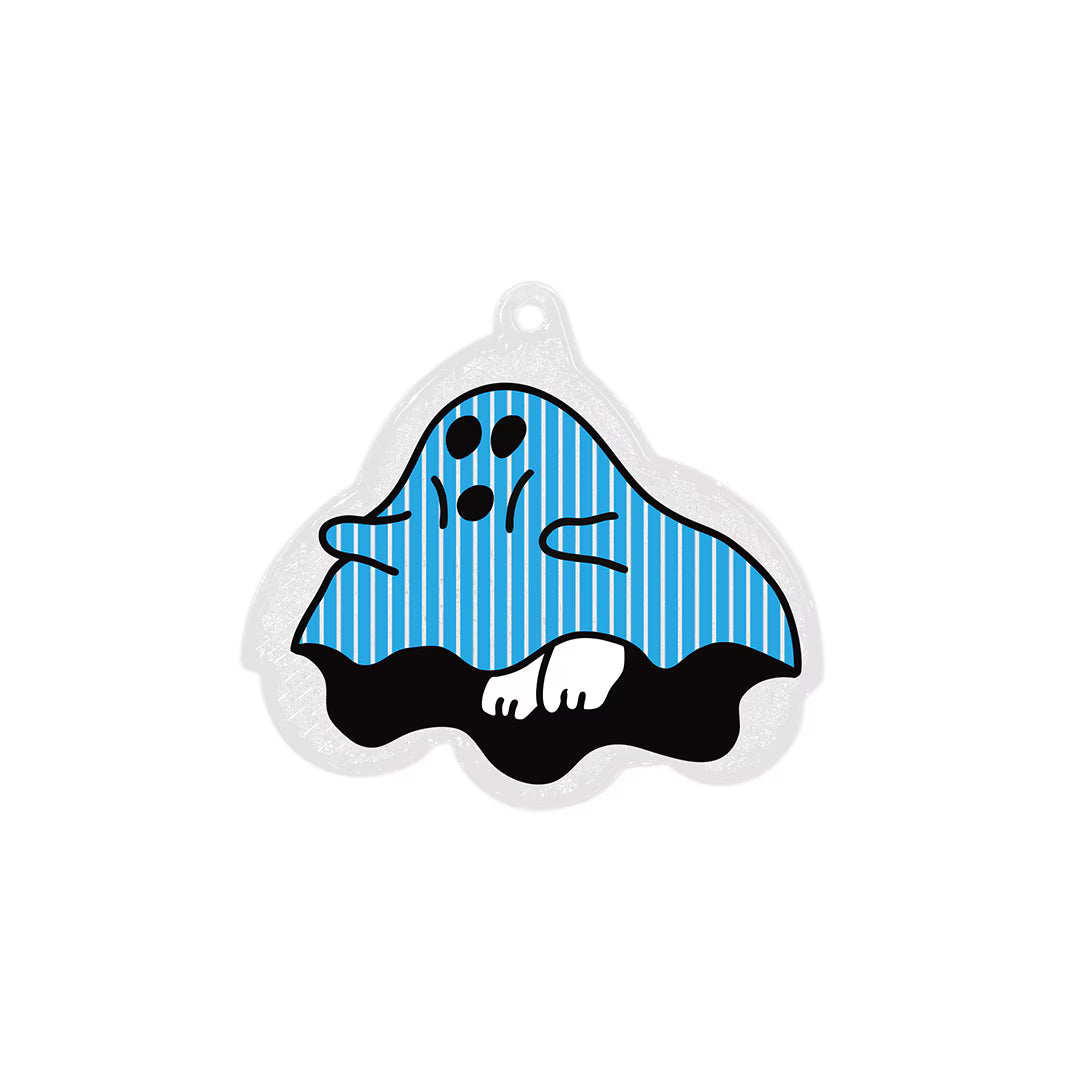Reflector keychain shaped like a ghost in a blue striped sheet with a white foot peeking out.