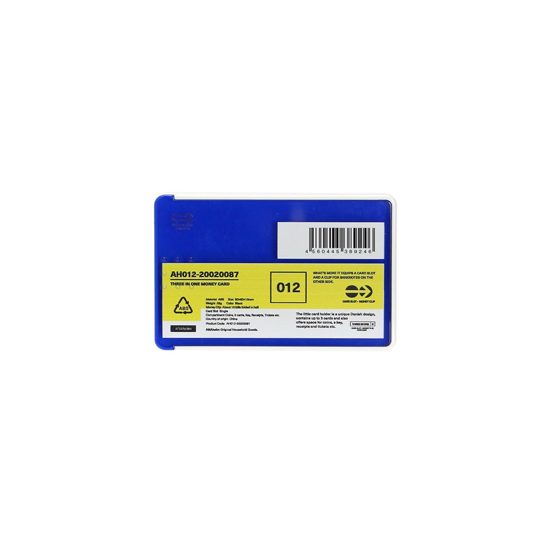Blue card, money and coin case in its packaging, showing a yellow product label and barcode.