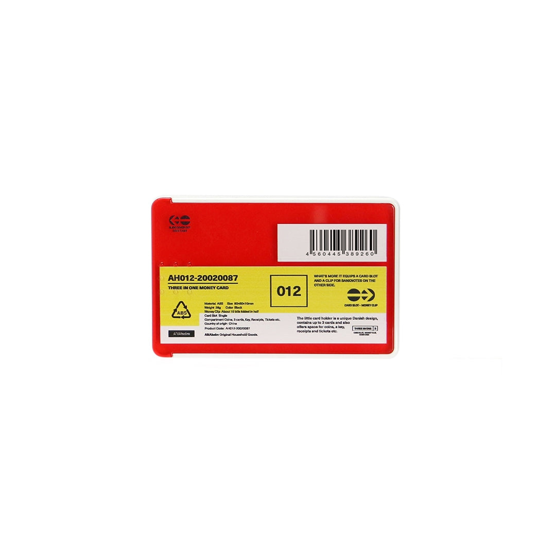 Red card, money and coin case seen from the back with a yellow product label and barcode sticker.