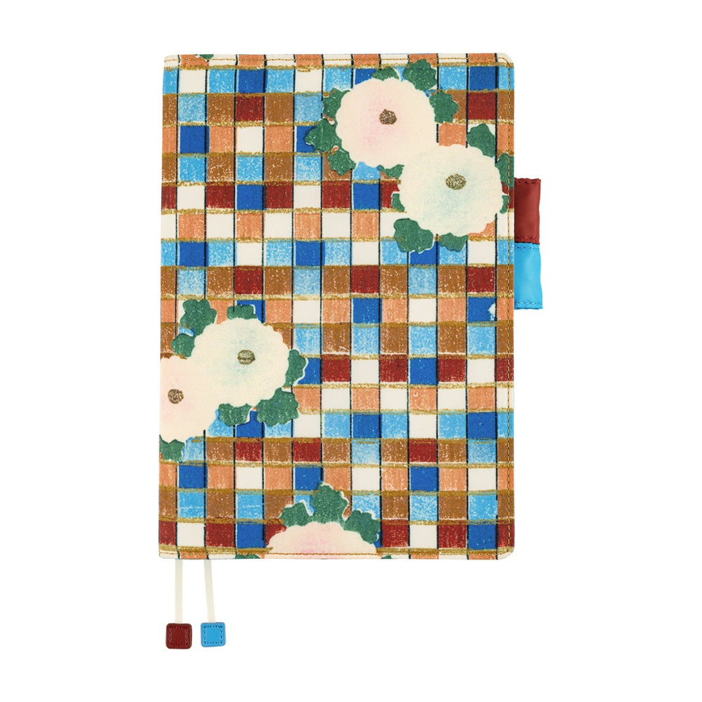 Hobonichi A5 Cousin book cover with a checked pattern of blue, rust and cream squares and white flowers, with two ribbon