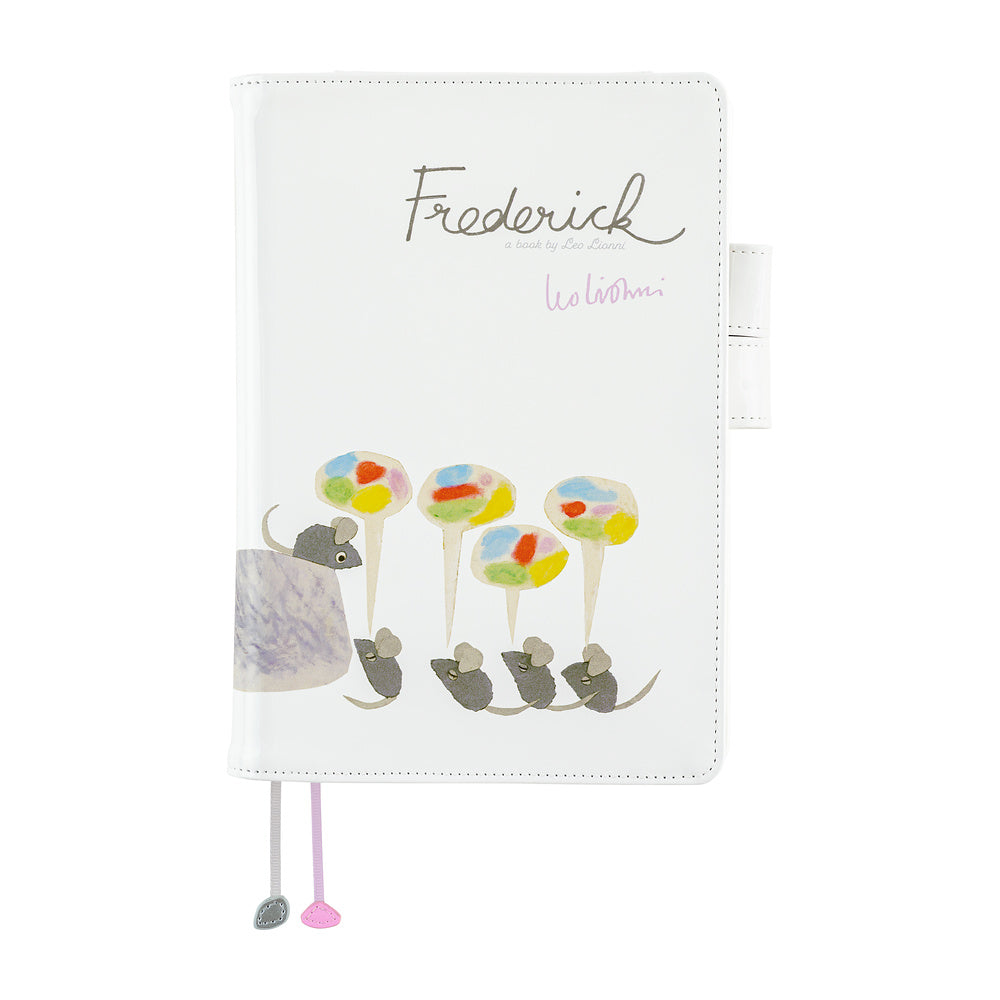 White Hobonichi A5 Cousin cover with Leo Lionni's Frederick mice illustration, pen loop and two bookmarks