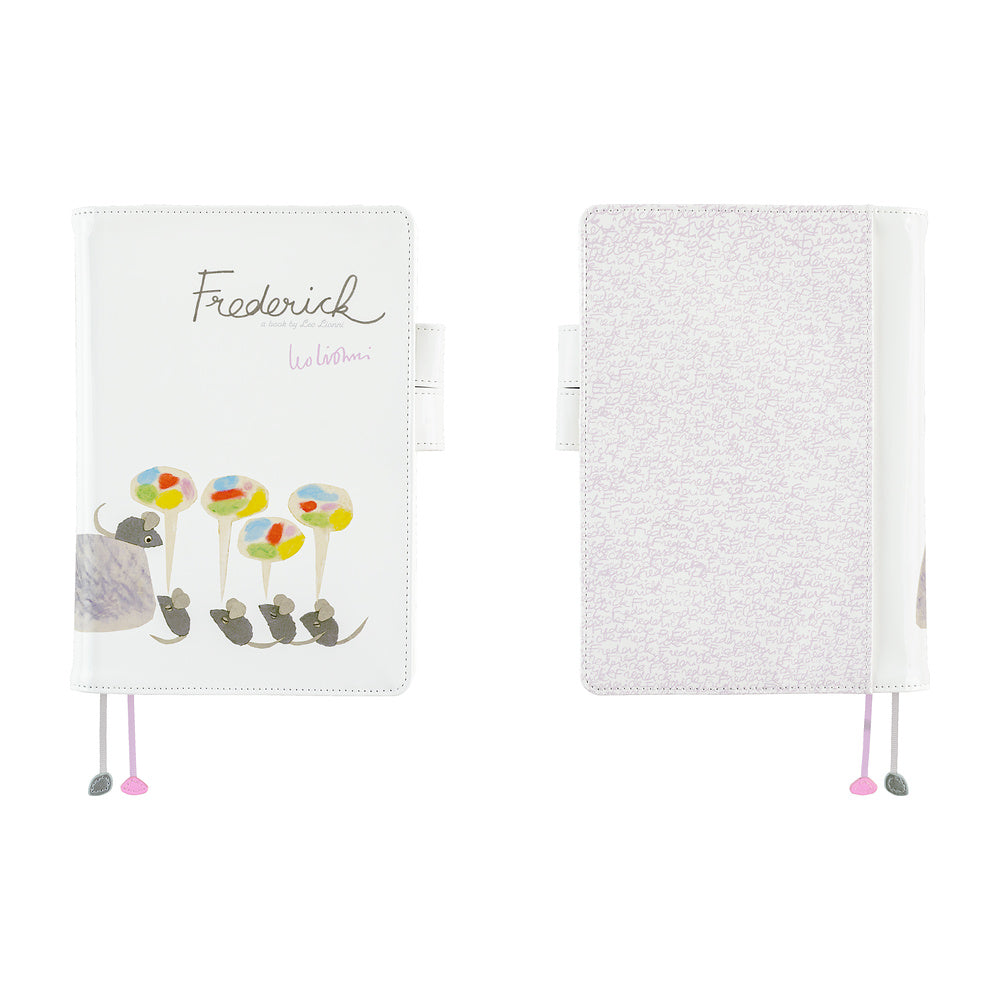 White Hobonichi A5 Cousin cover with Frederick mice illustration on front and textured back, bookmarks