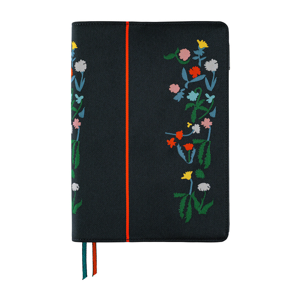 Navy A5 planner cover with colorful embroidered flowers, a red vertical stripe and two ribbon bookmarks.