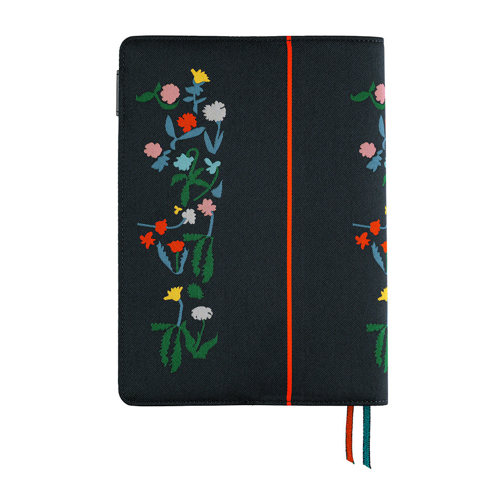 Navy fabric A5 planner cover with embroidered colorful flowers, red stripe, and teal and orange bookmarks
