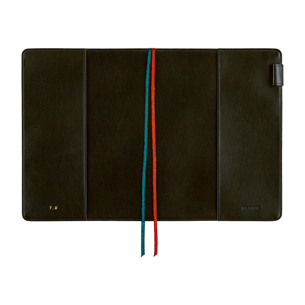 Opened flat dark Navy A5 book cover with teal and red bookmark ribbons, pen loop and gold initials