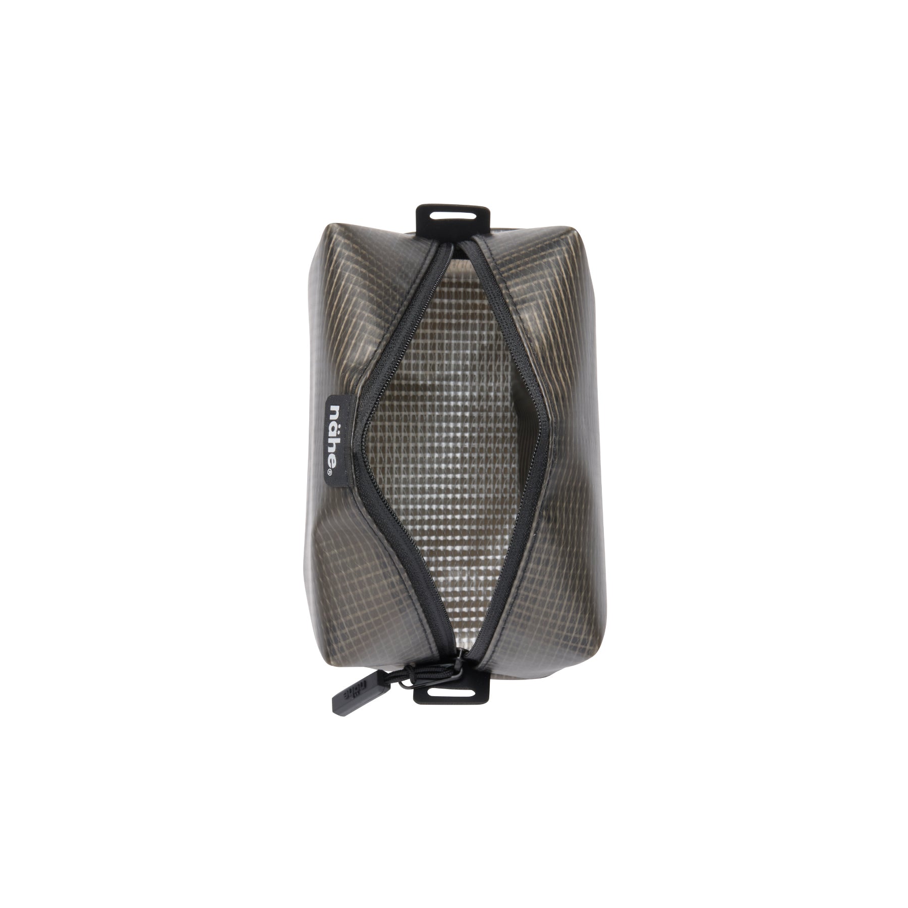 Nähe Soft Grid Pouch in Gray, small semi-transparent grid-patterned PVC case with curved zipper and loop handle.