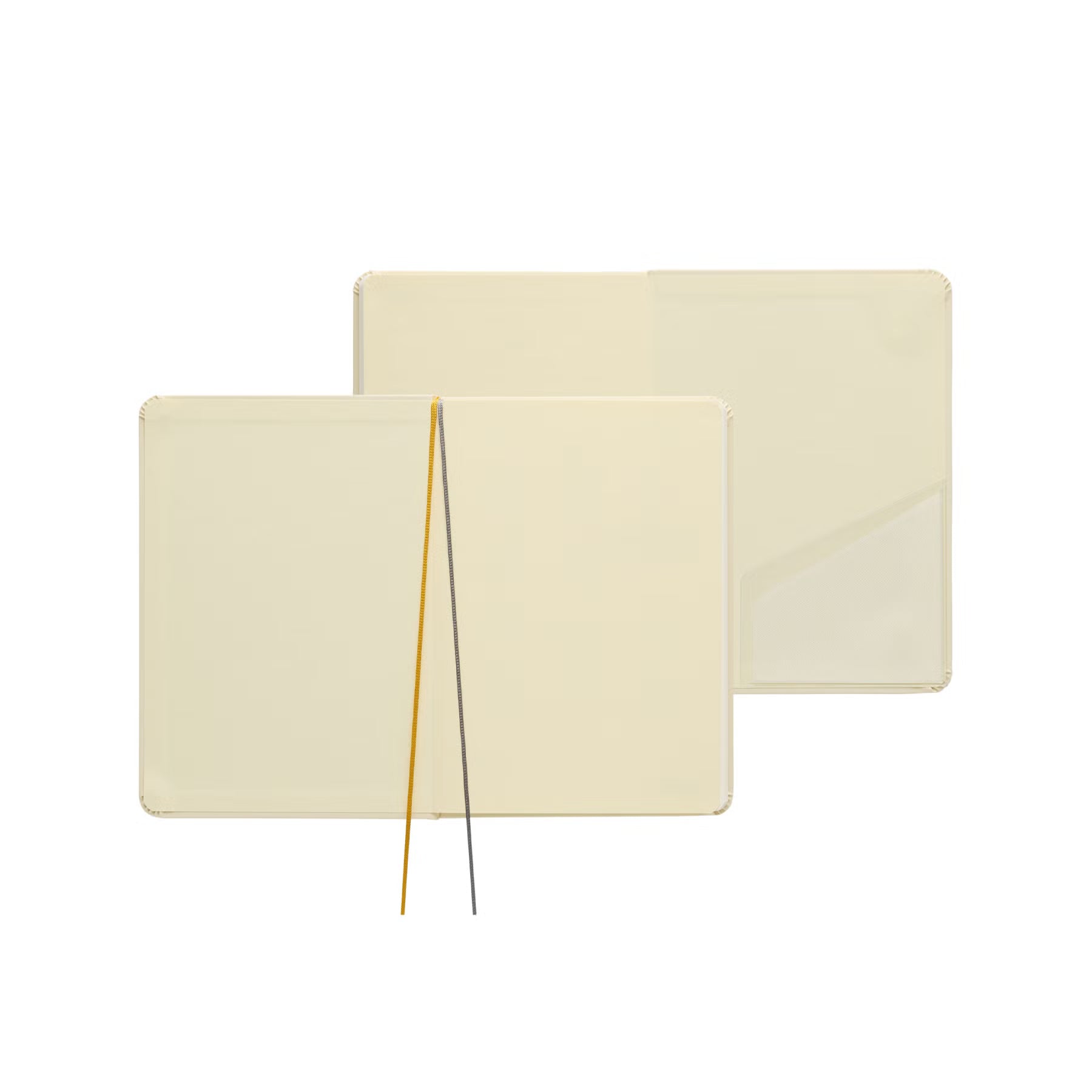 Two views of the Ivory planner opened flat, showing blank inner pages, yellow and grey ribbon markers, and a clear corner