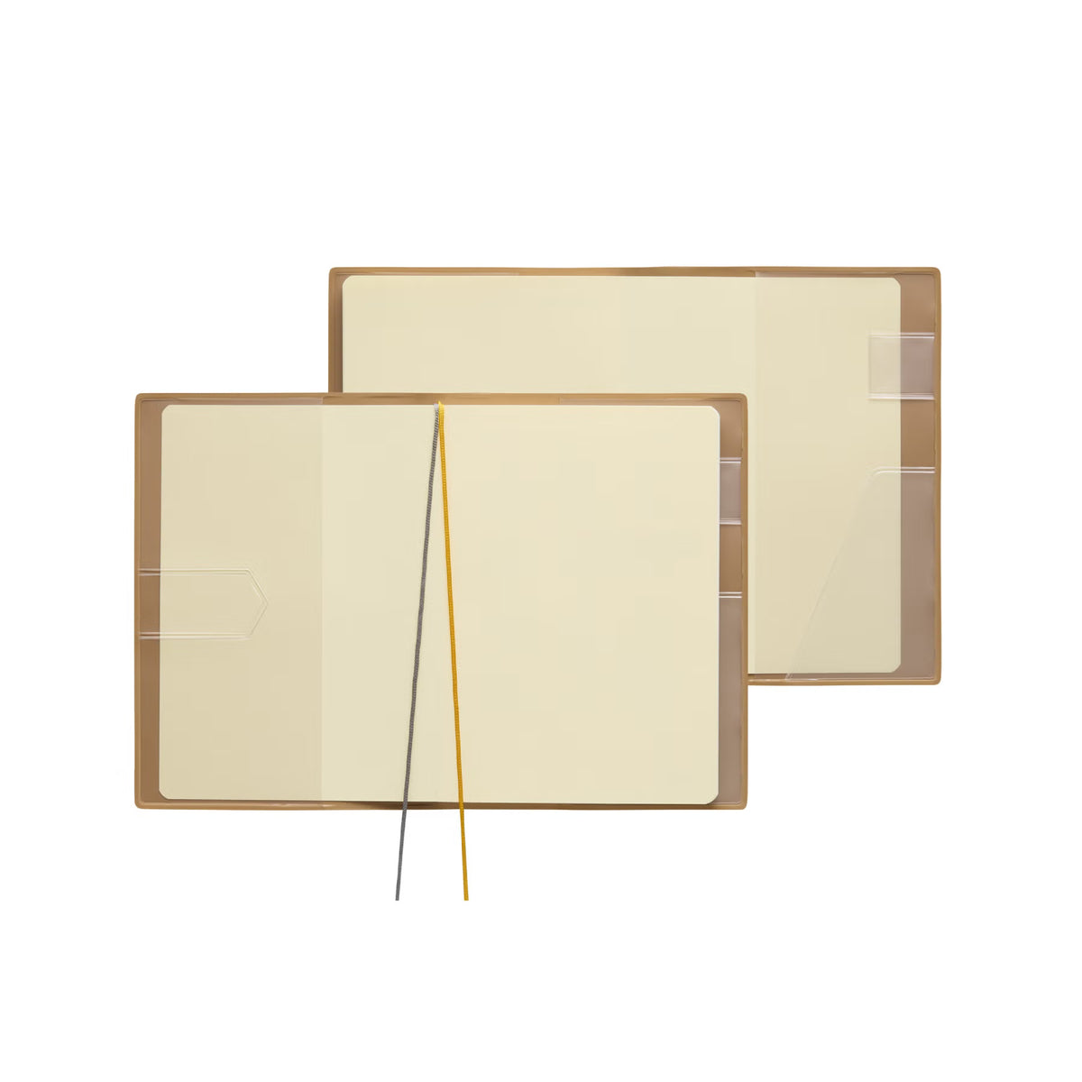 Two open A6 planners in Brown covers showing blank pages, corner pockets and grey and yellow ribbon markers.