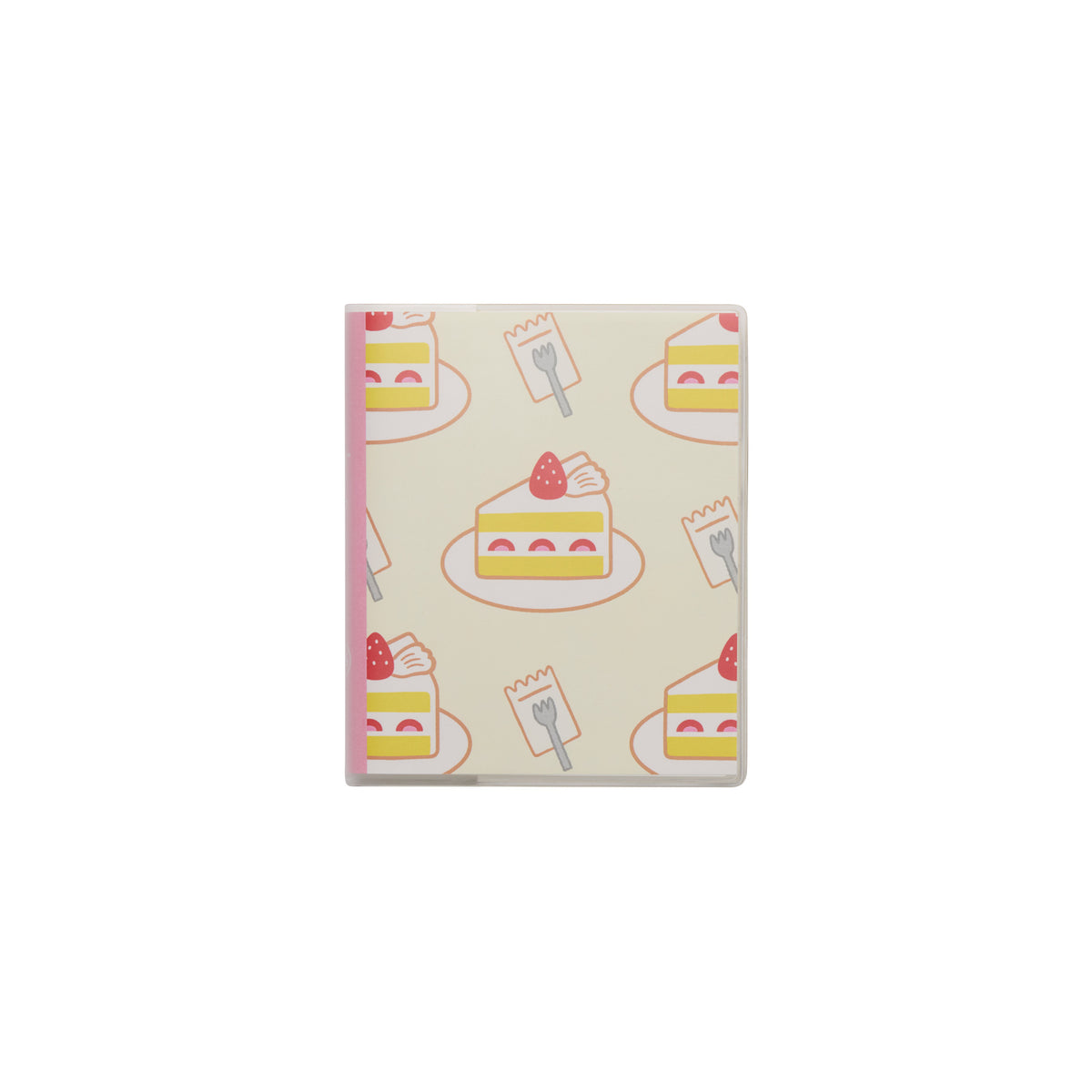 Square weekly planner with Ivory cover printed with strawberry shortcake slices and forks, Pink spine.
