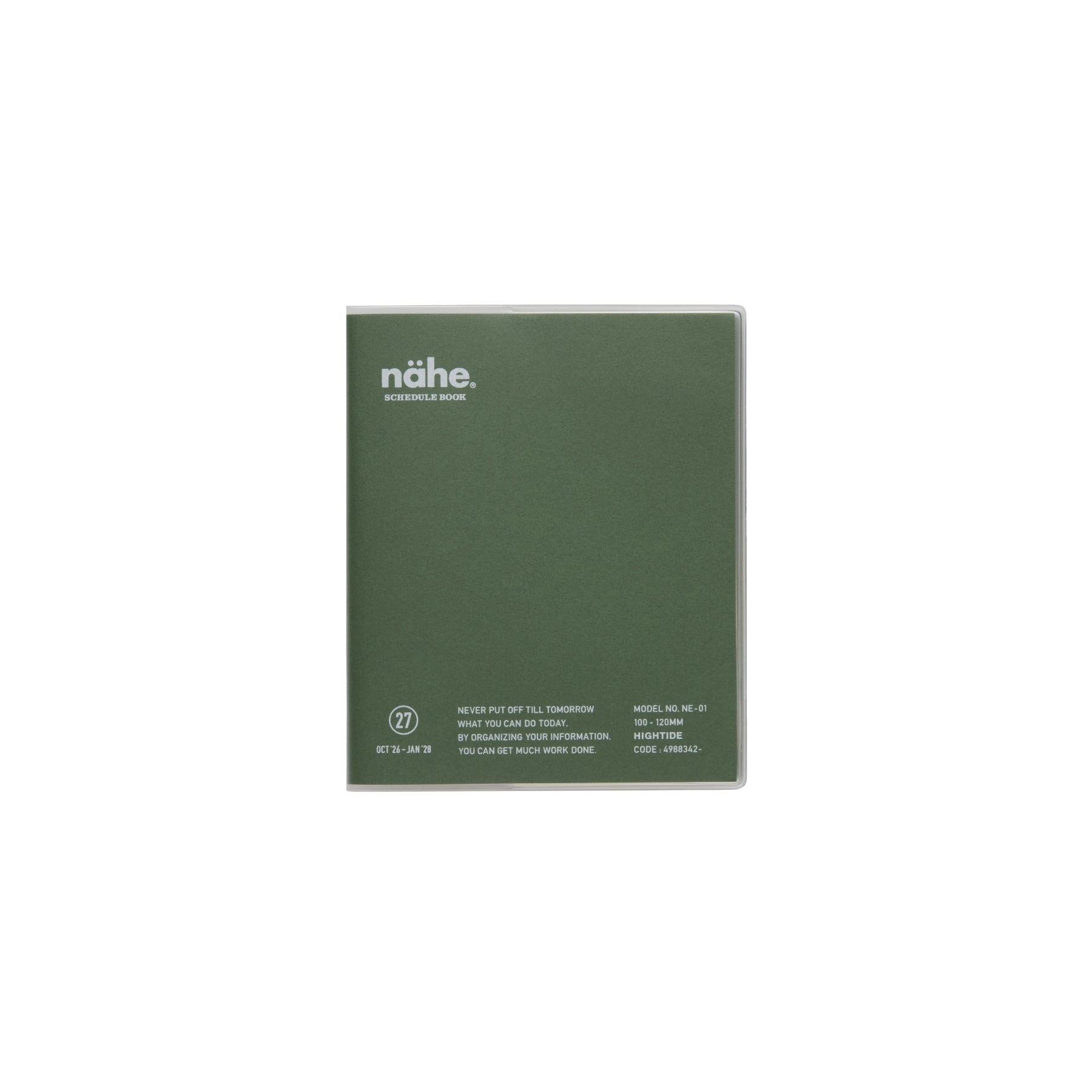 Nähe square monthly planner in Green with clear cover, logo and printed details on the front.