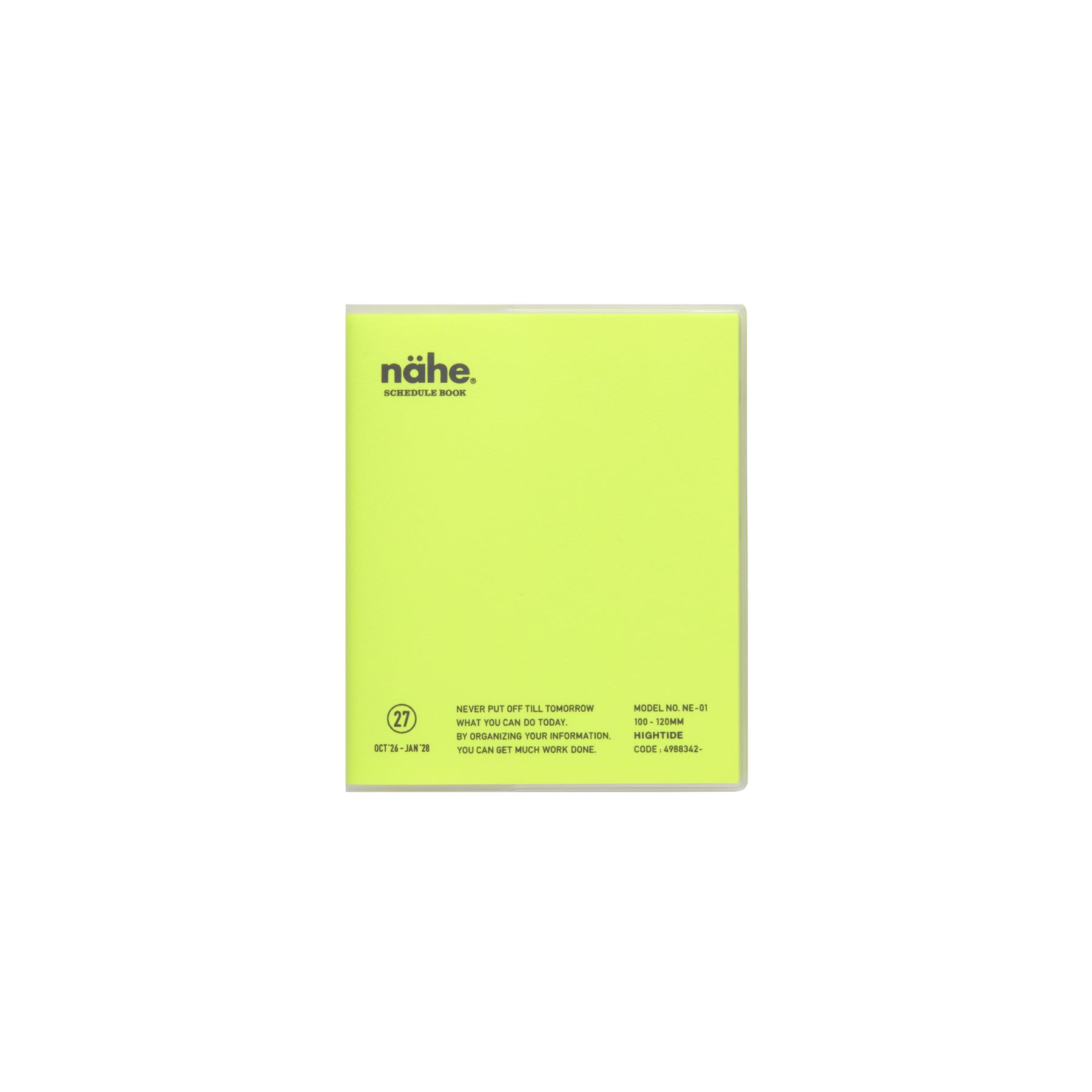 Nähe square monthly planner in Neon Yellow with clear cover, black logo and printed details at the base.