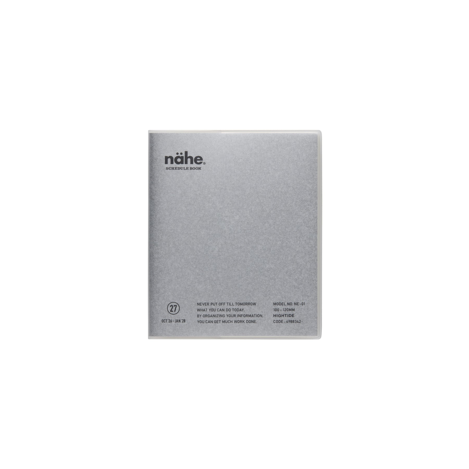 Nähe square monthly planner in Silver with a translucent cover and black printed text on the front.