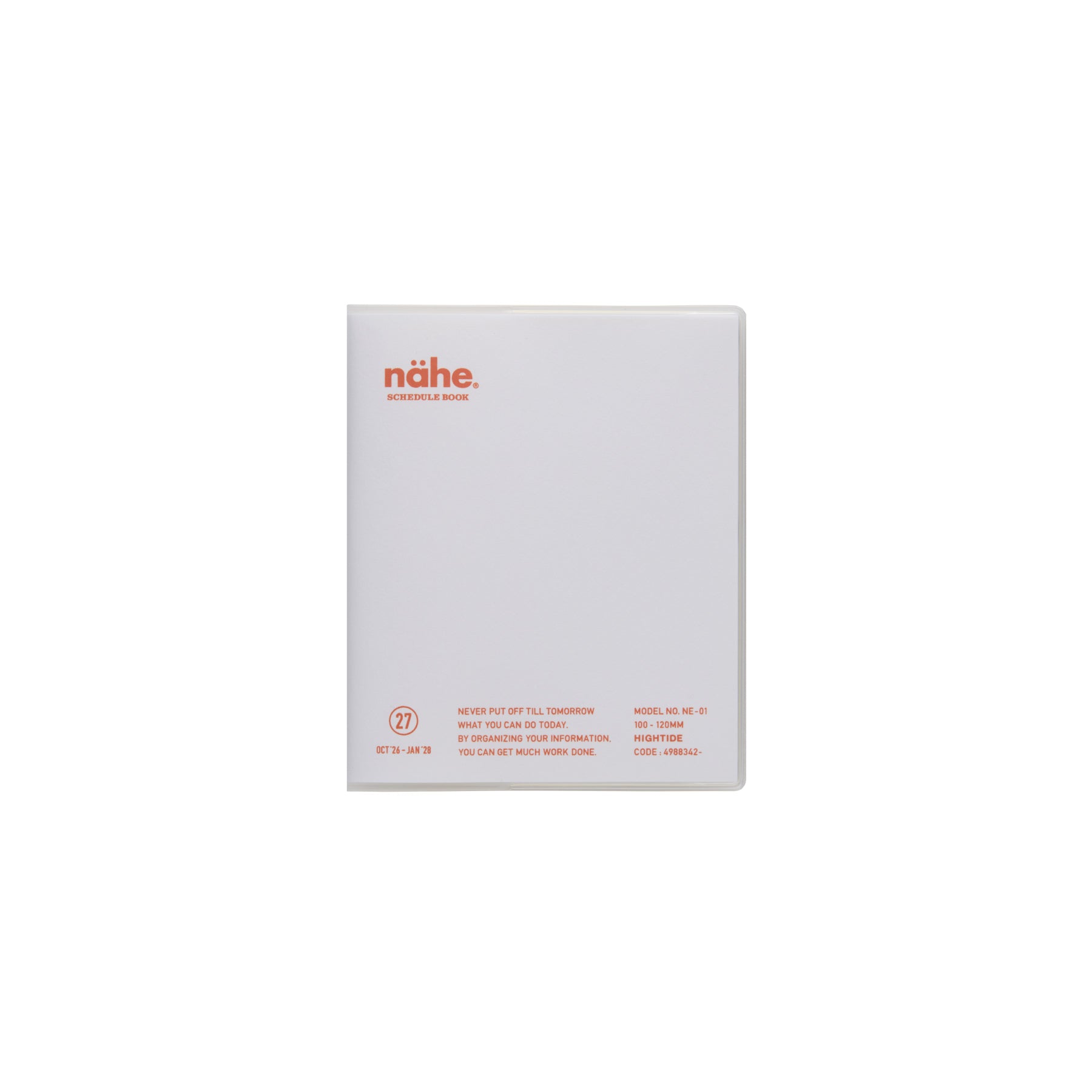 Nähe 2027 monthly planner in White with a translucent soft cover and orange text and logo.