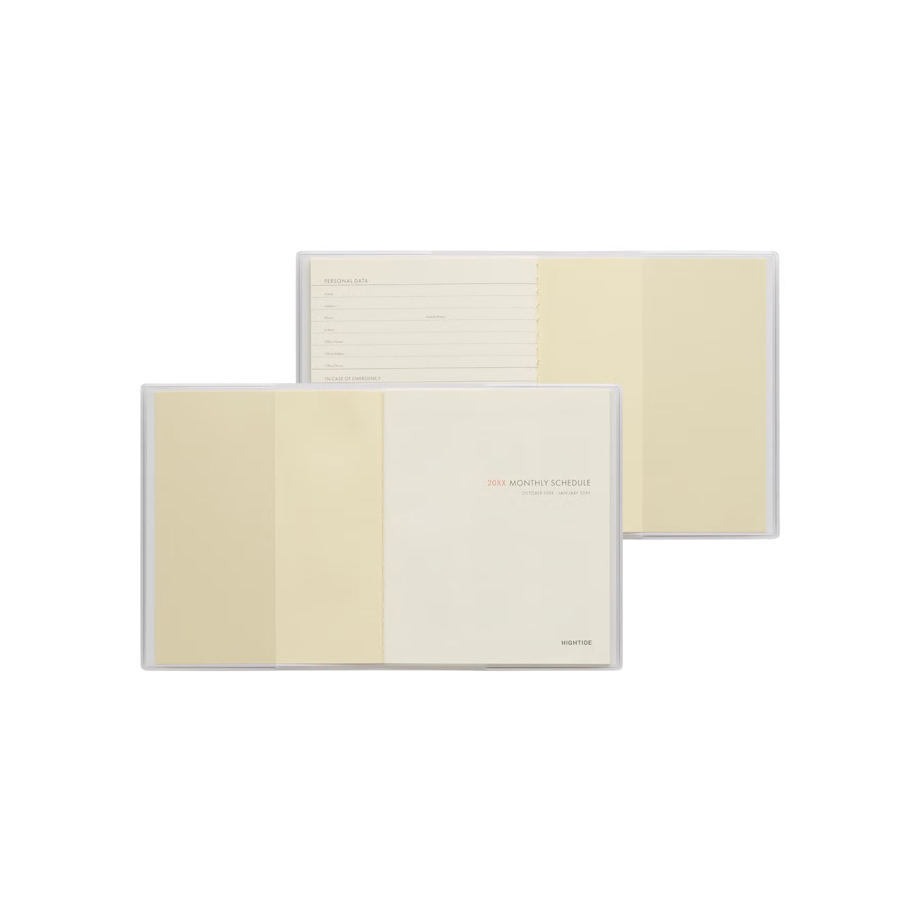 Two open Hightide planners in clear covers, showing the monthly schedule title page and personal data page.