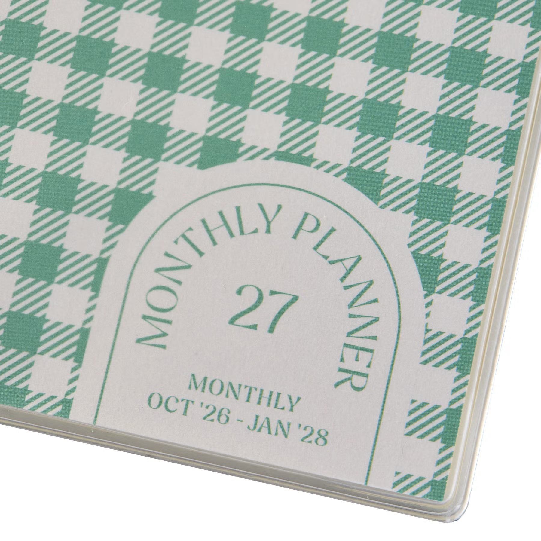 Close-up of the Green gingham check cover of the 2027 Monthly Planner, showing arched title label and dates.