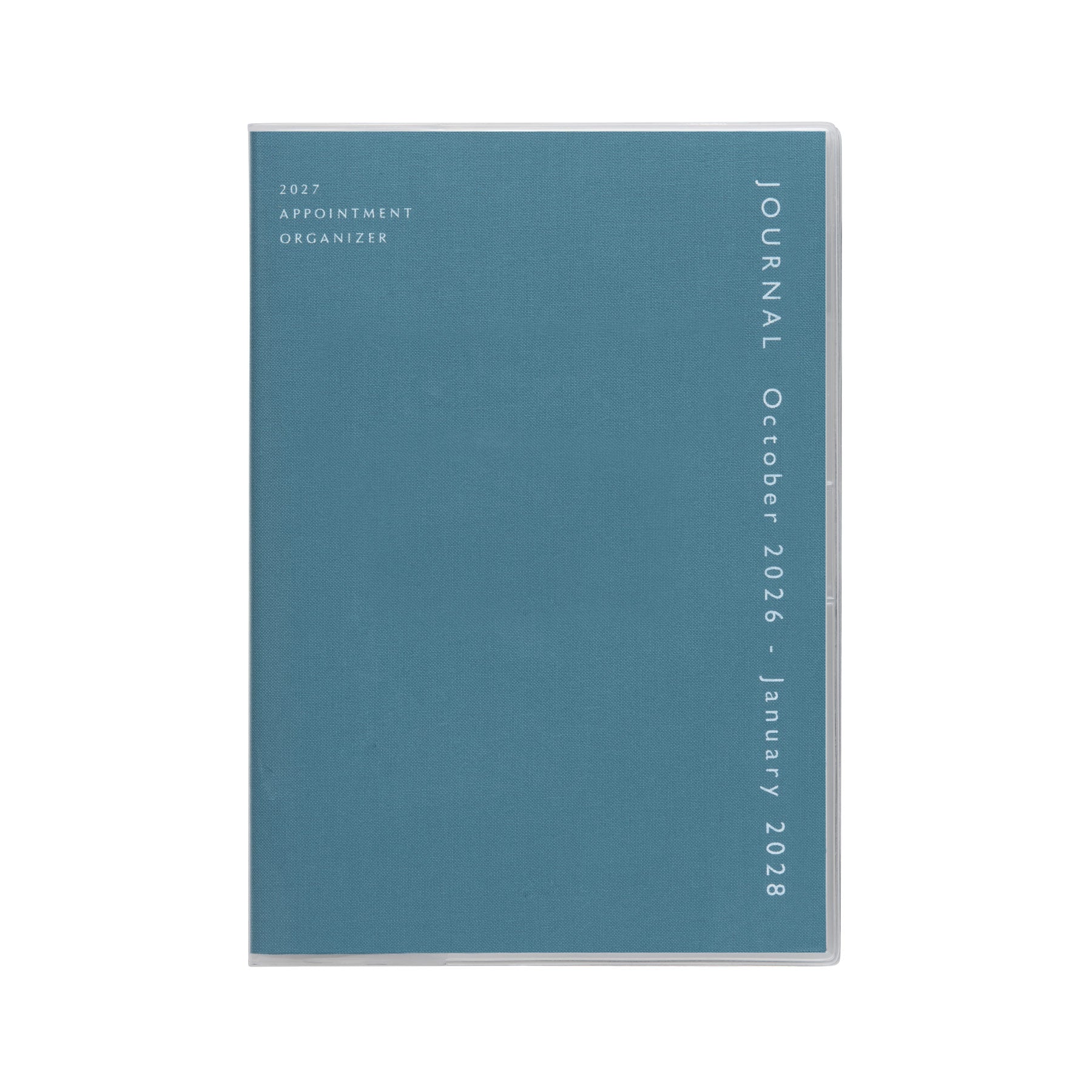 Blue fabric-covered A5 monthly planner with clear protective cover, labeled 2027 Appointment Organizer.
