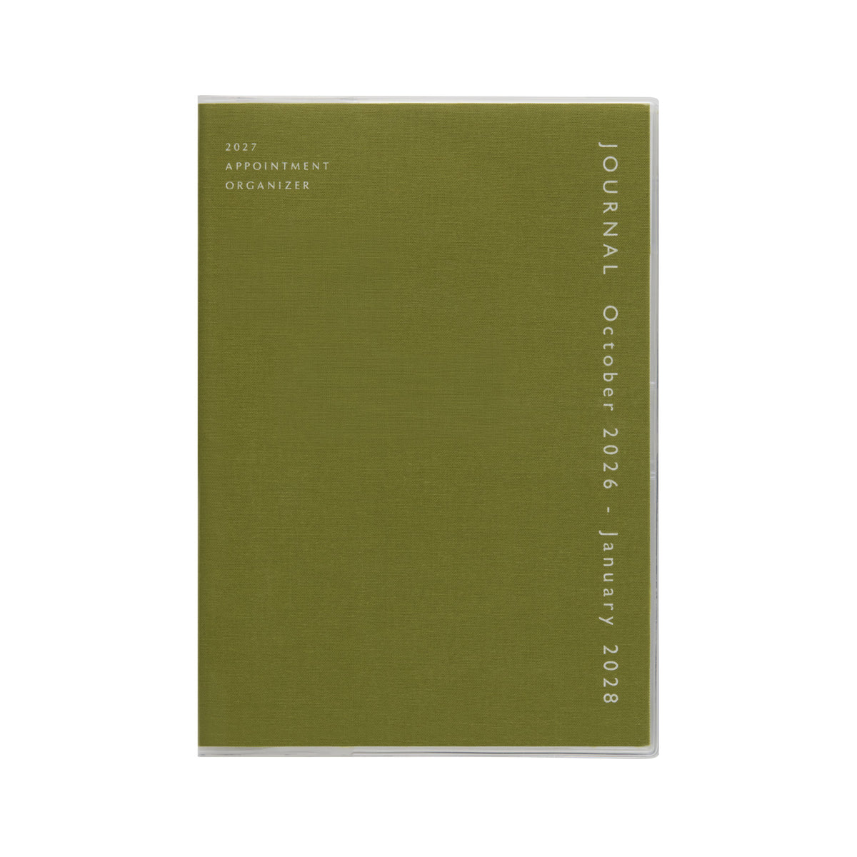 Hightide Coton A5 monthly planner in Khaki with clear protective cover, dated October 2026 to January 2028.