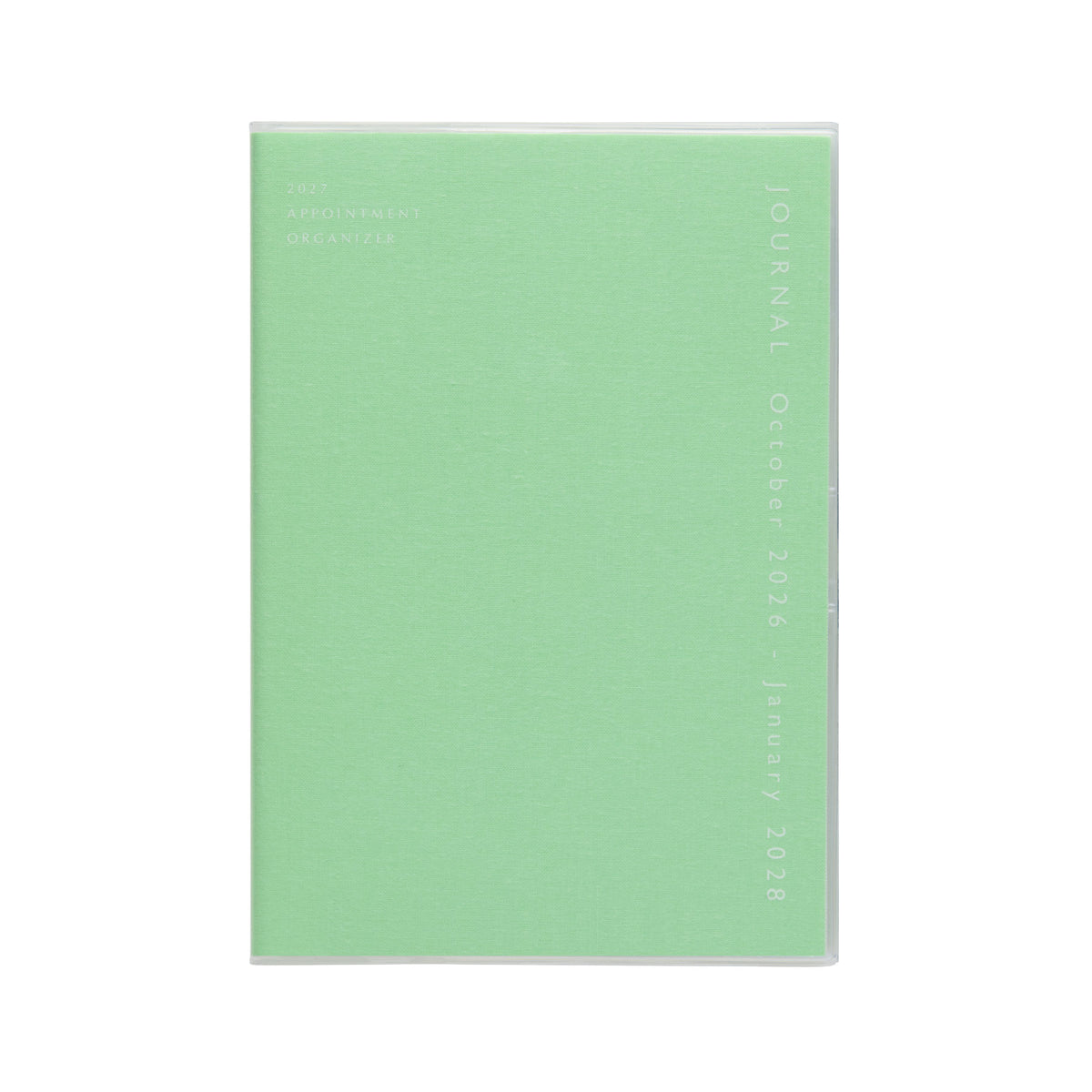 Mint green fabric-look A5 planner cover under a clear jacket, printed "Journal October 2026 – January 2028".