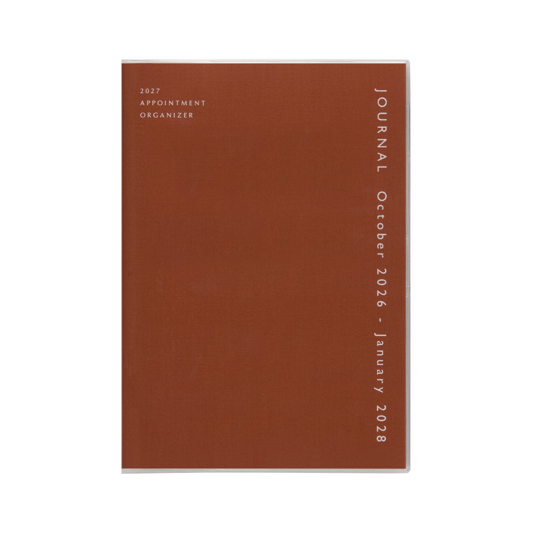 Hightide 2027 Coton A5 monthly planner with reddish-brown fabric cover, clear protective jacket and white text.
