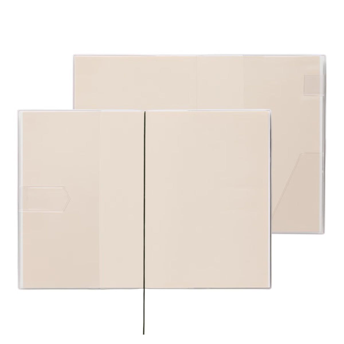 Two open planners showing the clear protective cover with corner pockets and a slim bookmark ribbon.