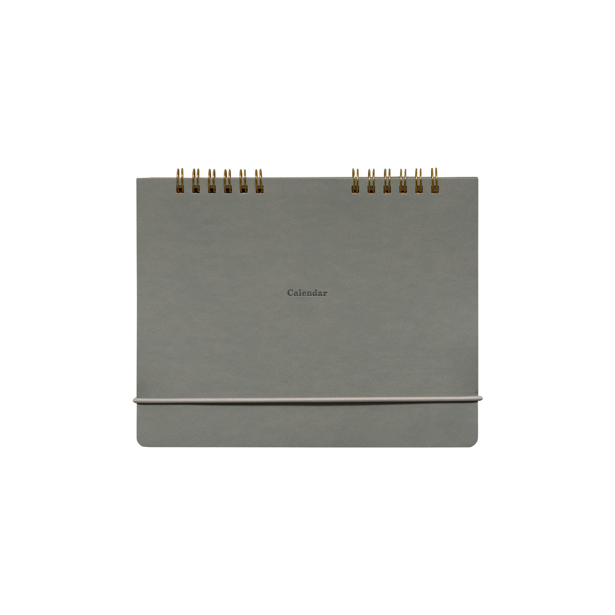 Light Gray standing desk calendar with twin gold spiral binding and "Calendar" printed on the cover.