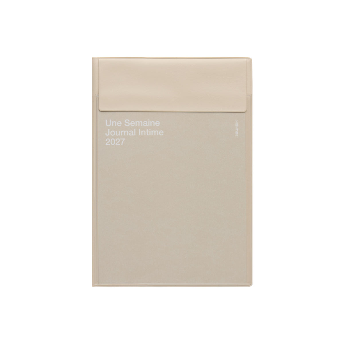 Beige Hightide 2027 monthly planner with envelope-style flap cover reading "Une Semaine Journal Intime 2027".