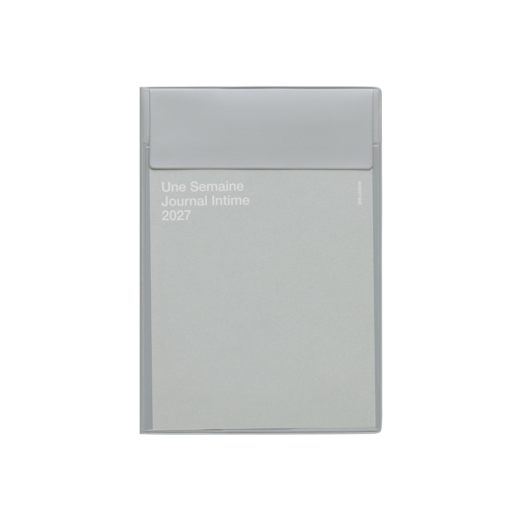 Gray B6 monthly planner with envelope-style flap cover, printed "Une Semaine Journal Intime 2027".