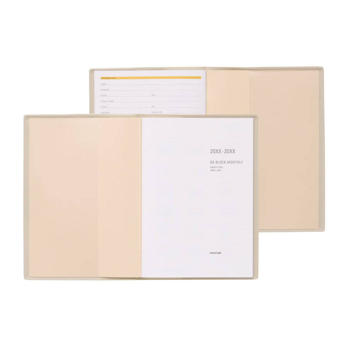 Beige B6 monthly planner shown open to its title page and to a personal data page inside the cover.