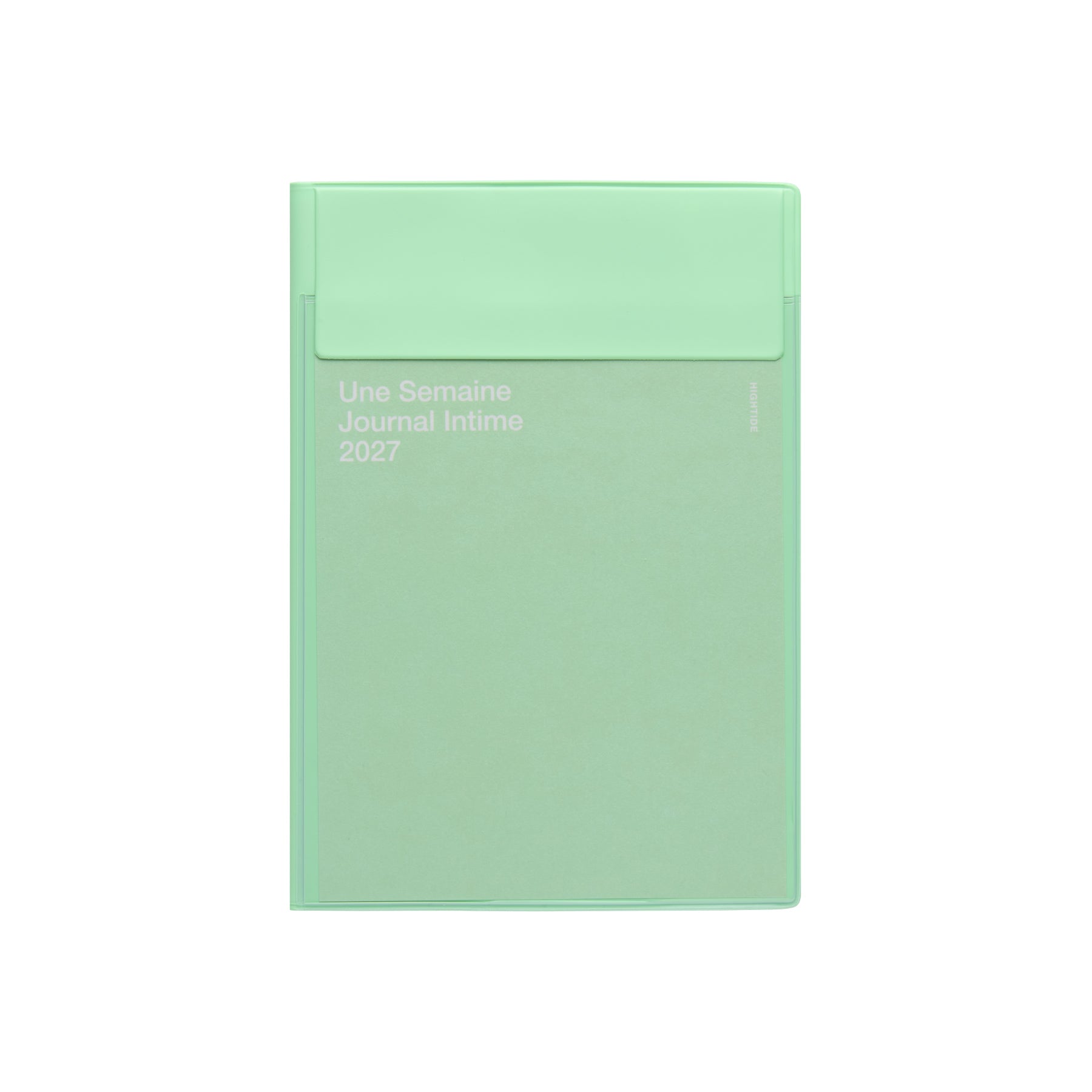 Mint 2027 monthly planner with envelope-style flap cover, printed "Une Semaine Journal Intime 2027".