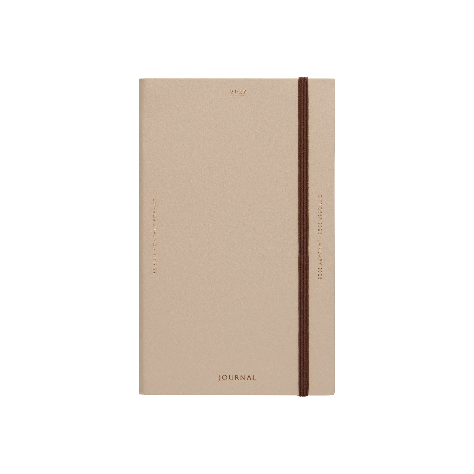 Beige B6 Slim 2027 monthly planner with brown elastic band closure and gold "JOURNAL" lettering.