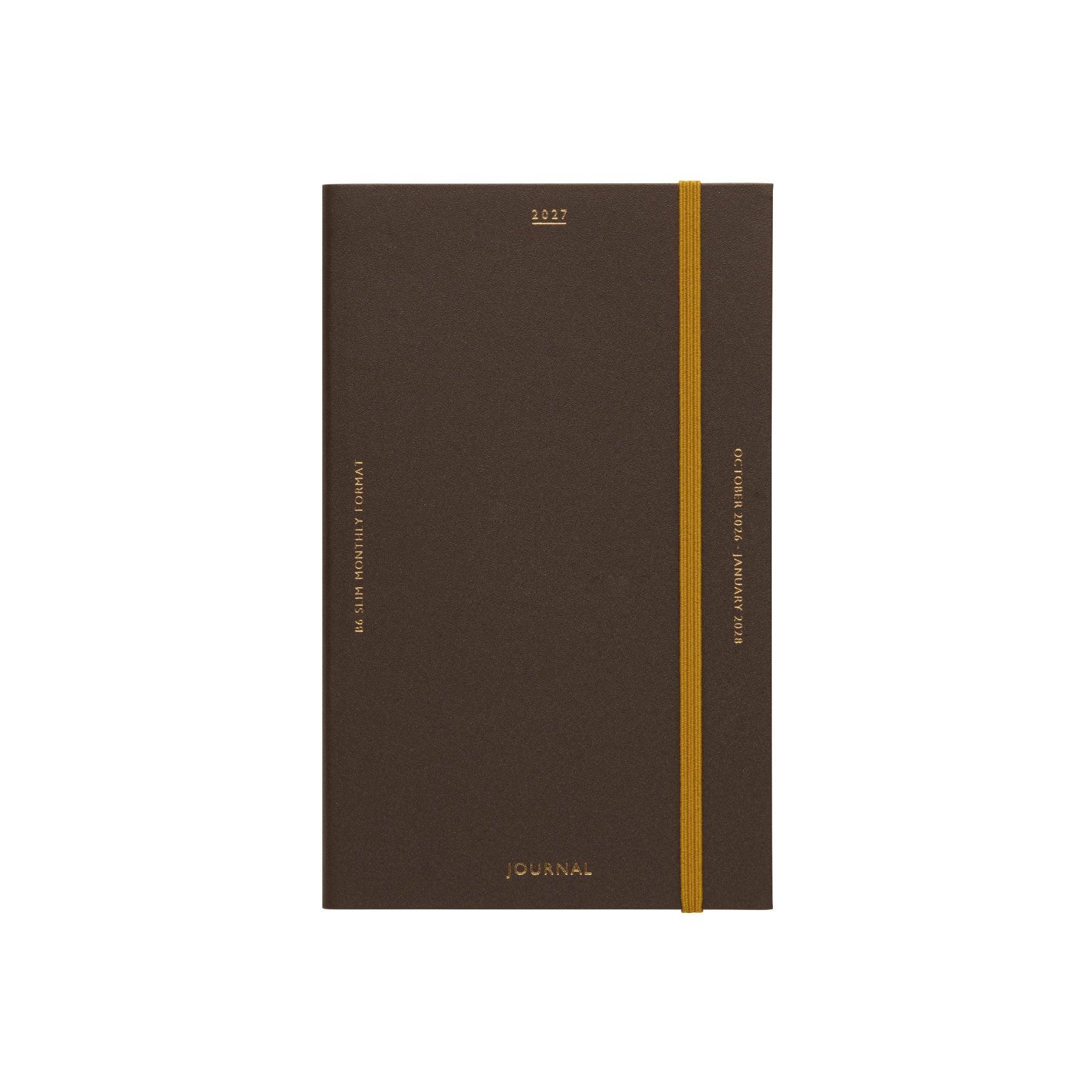 Brown 2027 Katy B6 Slim monthly planner with gold text and a yellow elastic band closure.
