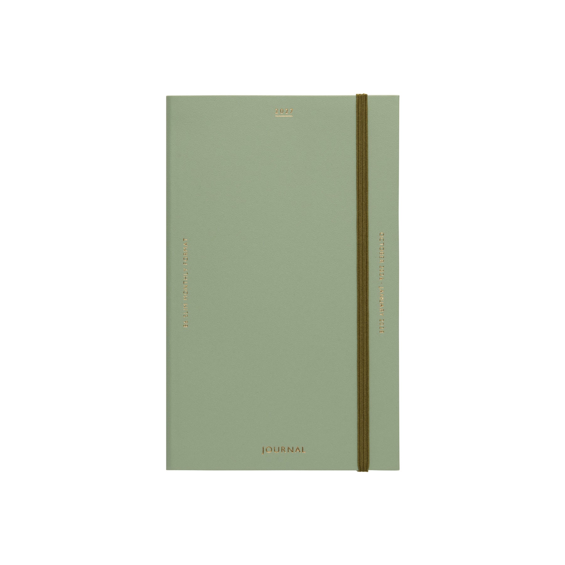 Green Katy 2027 monthly planner cover with gold "Journal" lettering and a dark elastic closure band.