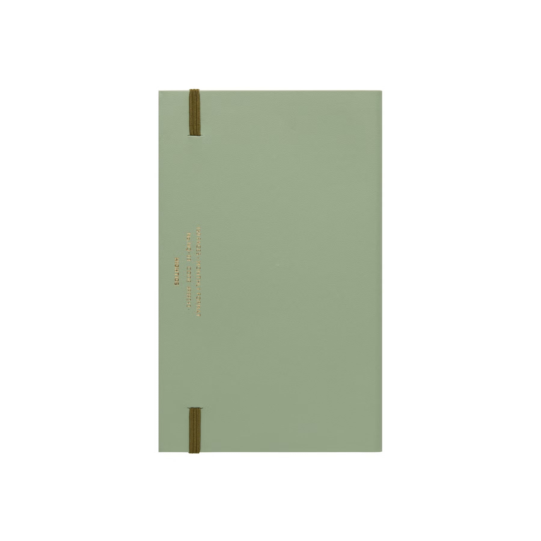 Back cover of the Hightide Katy B6 Slim planner in Green, with elastic bands and gold text.