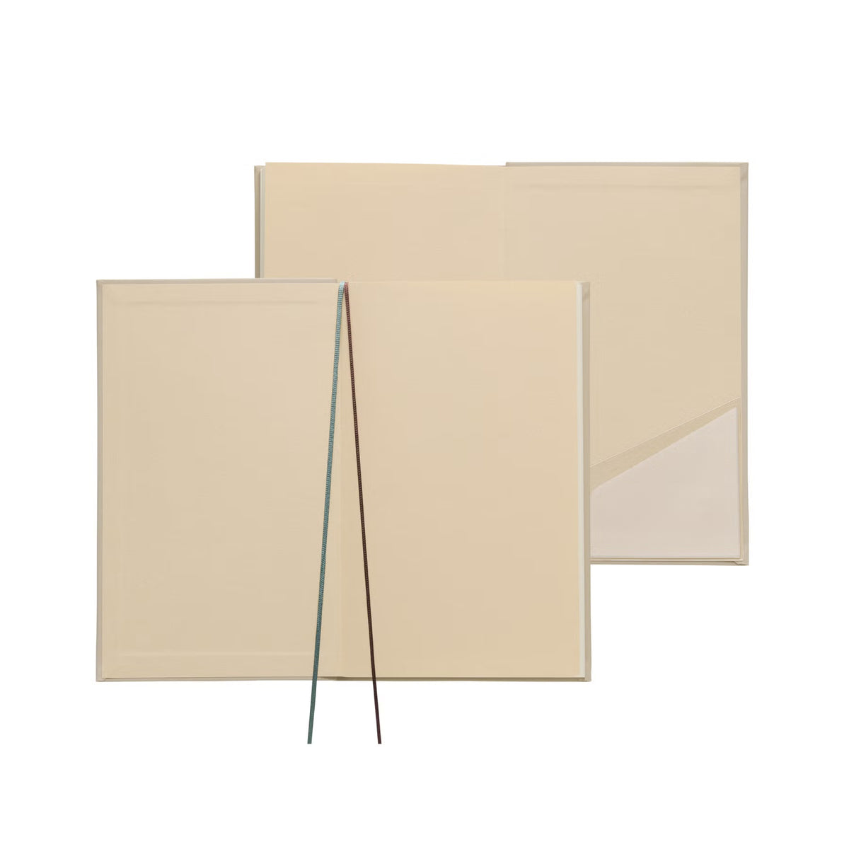 Two open Katy planners showing blank pages, two ribbon bookmarks and an inner corner pocket.