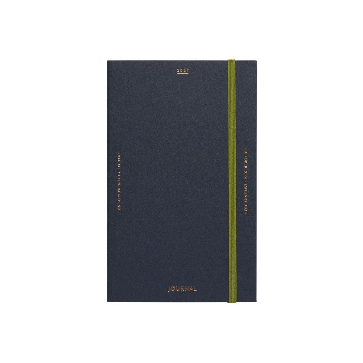 Navy 2027 Katy B6 Slim monthly planner with gold lettering and a green elastic closure band.