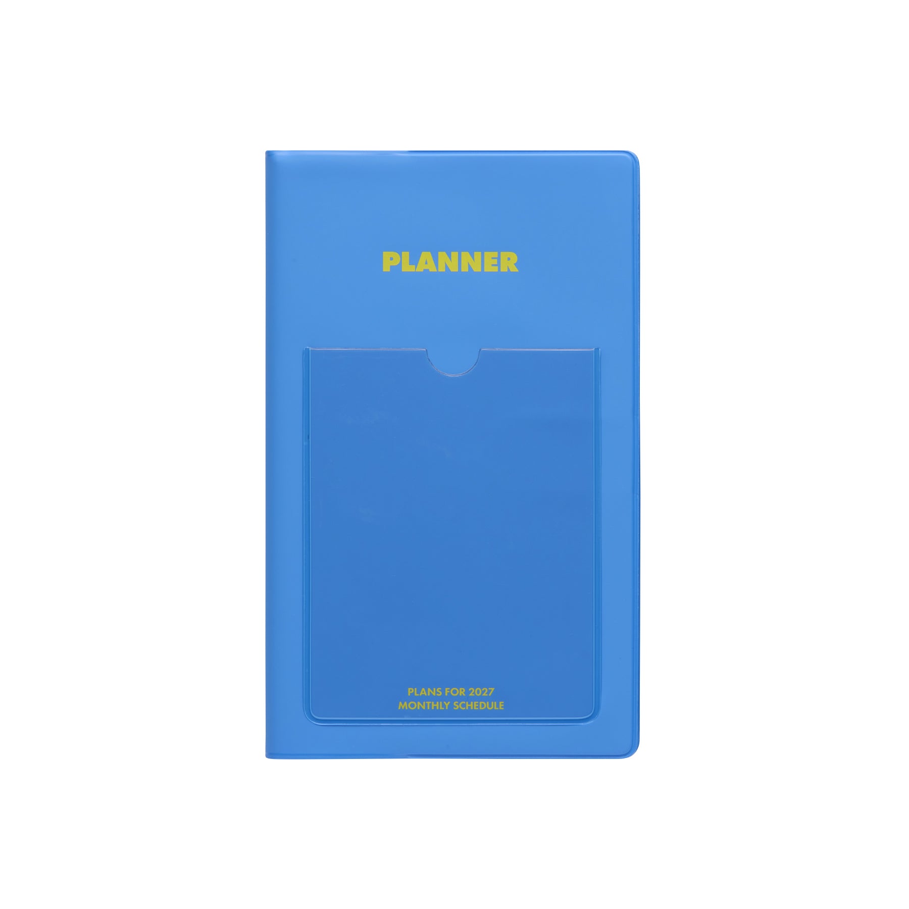 Blue slim planner cover with front pocket, yellow "Planner" title and "Plans for 2027 Monthly Schedule" text.