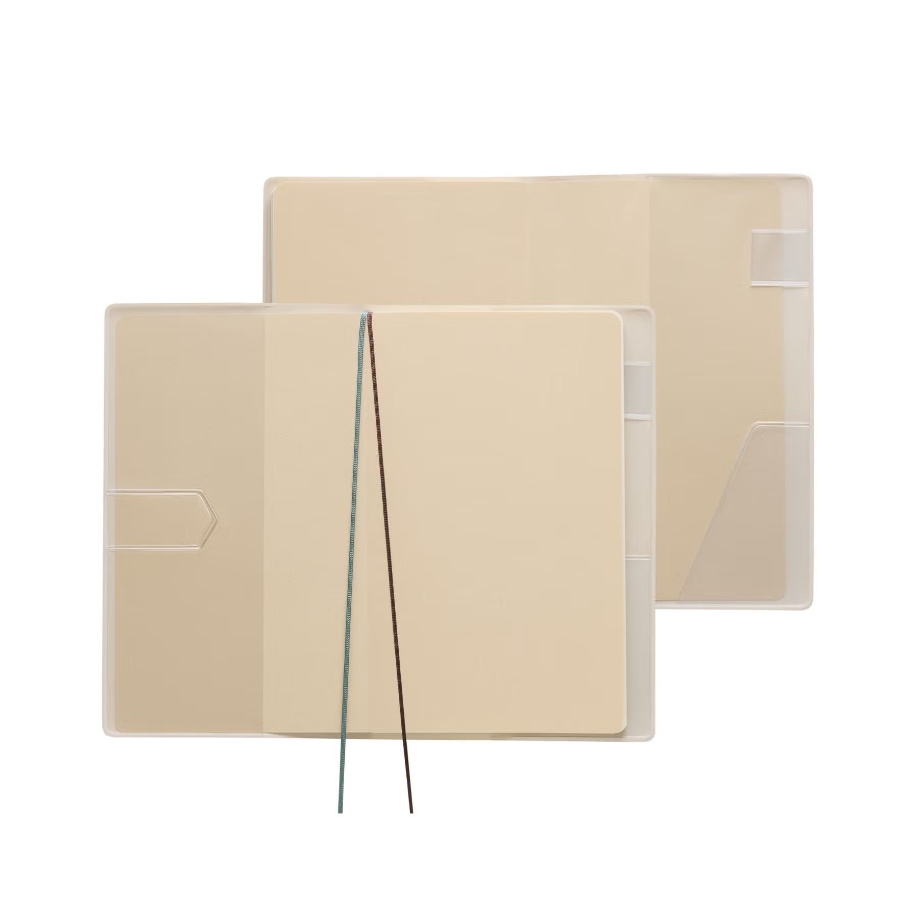 Two Ivory planners shown open, one from the front with two ribbon markers and one from the back, showing inner pockets.