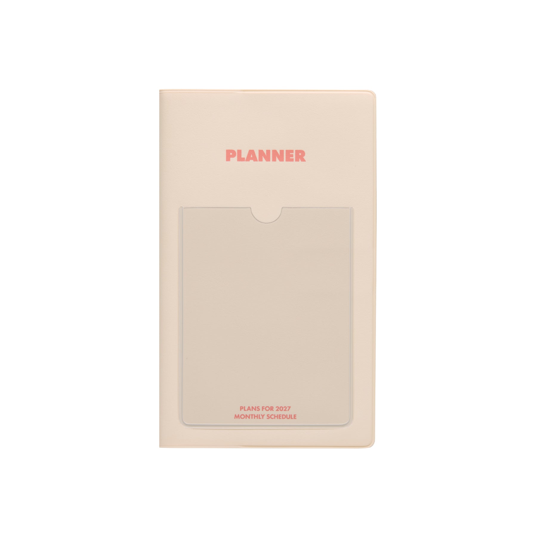 Ivory B6 slim planner cover with a clear front pocket and pink "Planner" and 2027 monthly schedule text.