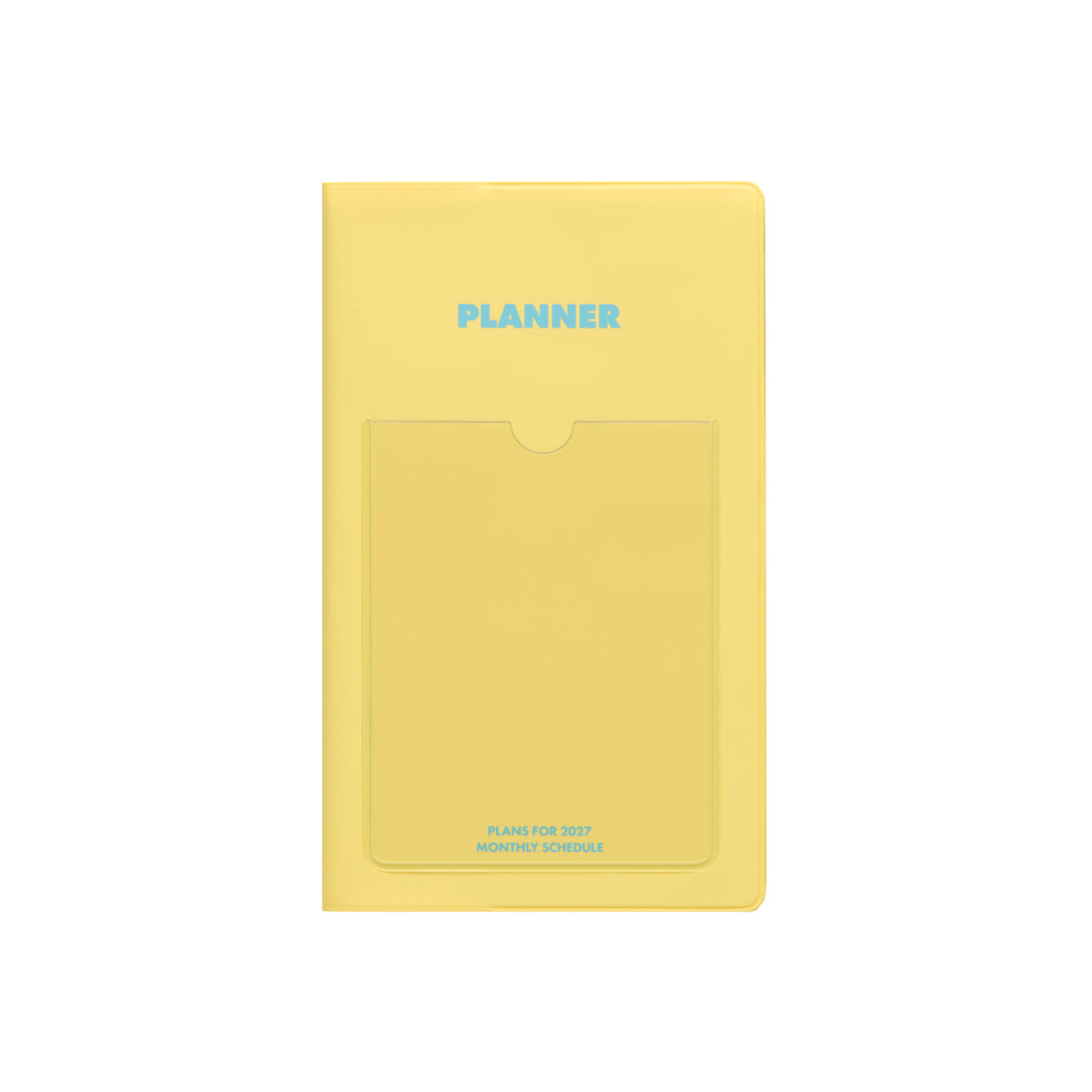 Yellow B6 Slim planner cover with a clear front pocket and blue "Planner" and "Plans for 2027" text.