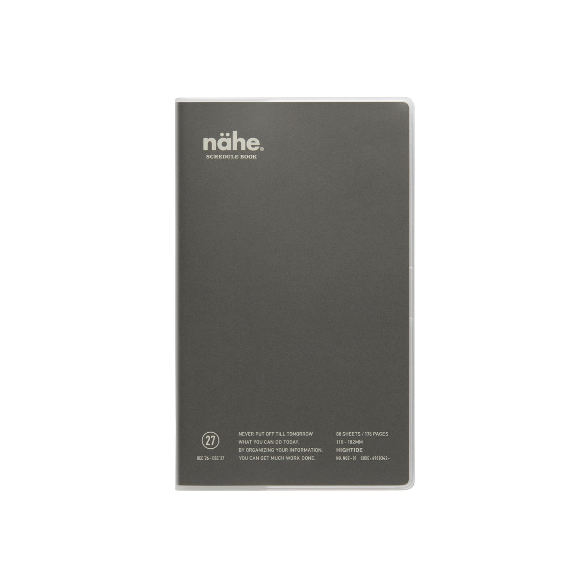 Nähe B6 Slim weekly planner in Gray with a clear cover, showing the logo and printed details at the base.