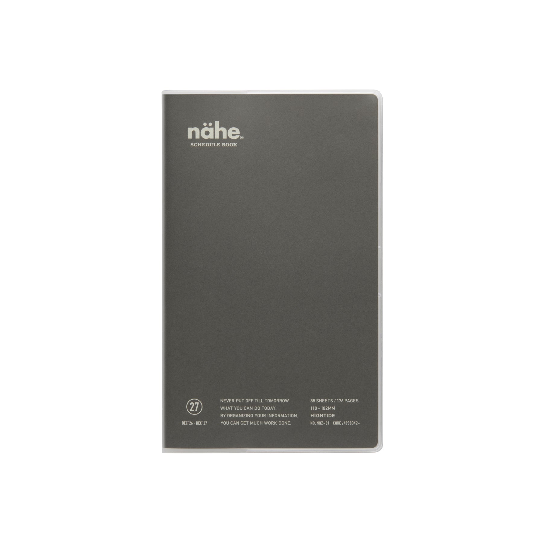 Nähe B6 Slim weekly planner in Gray with a clear cover, showing the logo and printed details at the base.