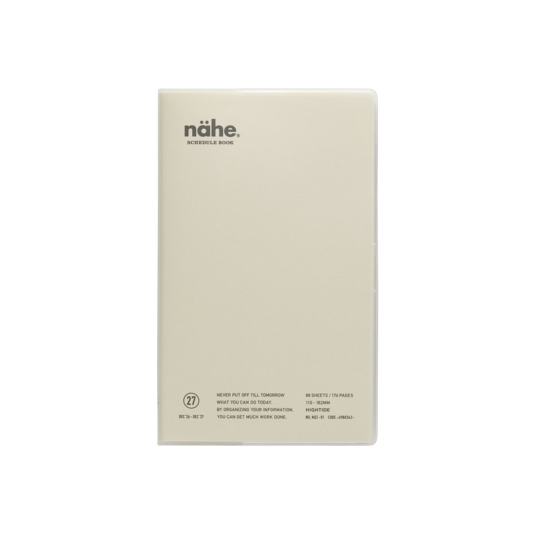 Nähe B6 Slim schedule book in Ivory with translucent cover, logo at top and printed details along the bottom.