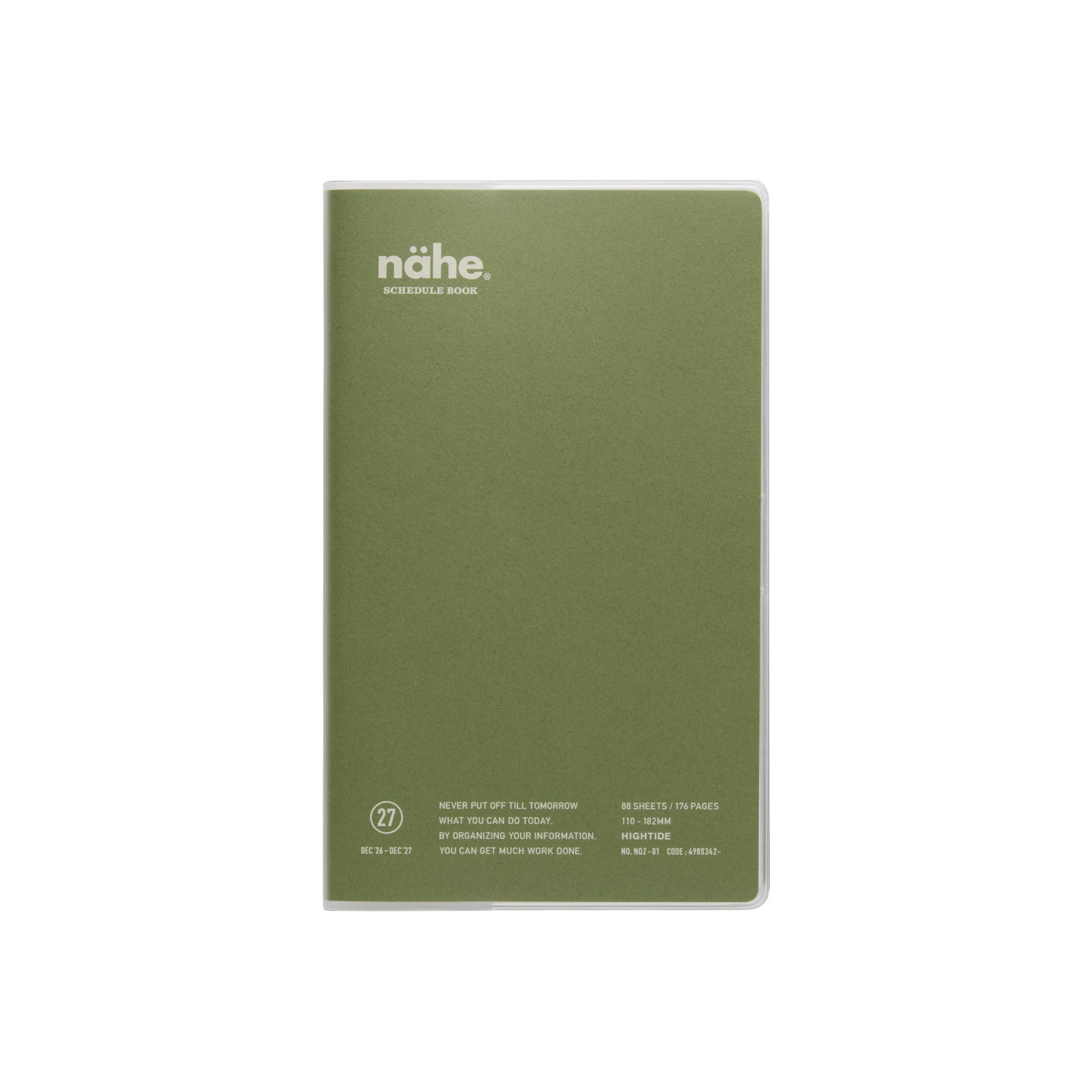 Nähe B6 Slim schedule book in Khaki with clear protective cover and white logo on the front.