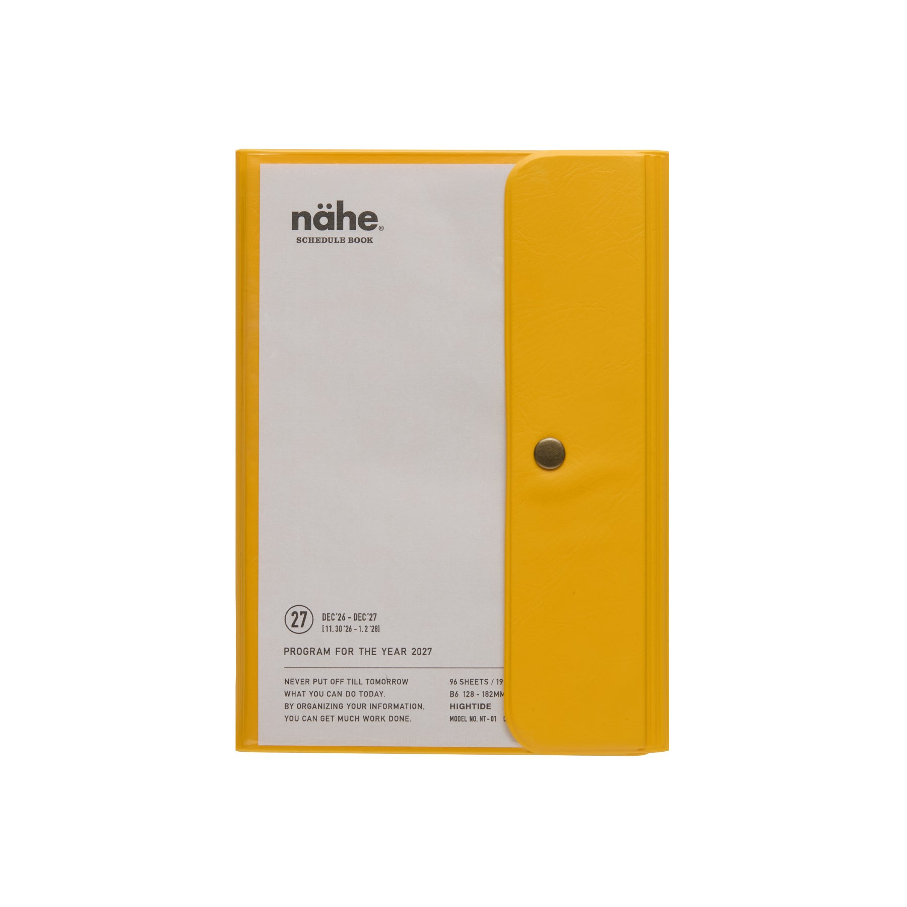 Nähe B6 weekly planner in Yellow with clear cover, snap-button flap and schedule book title page.