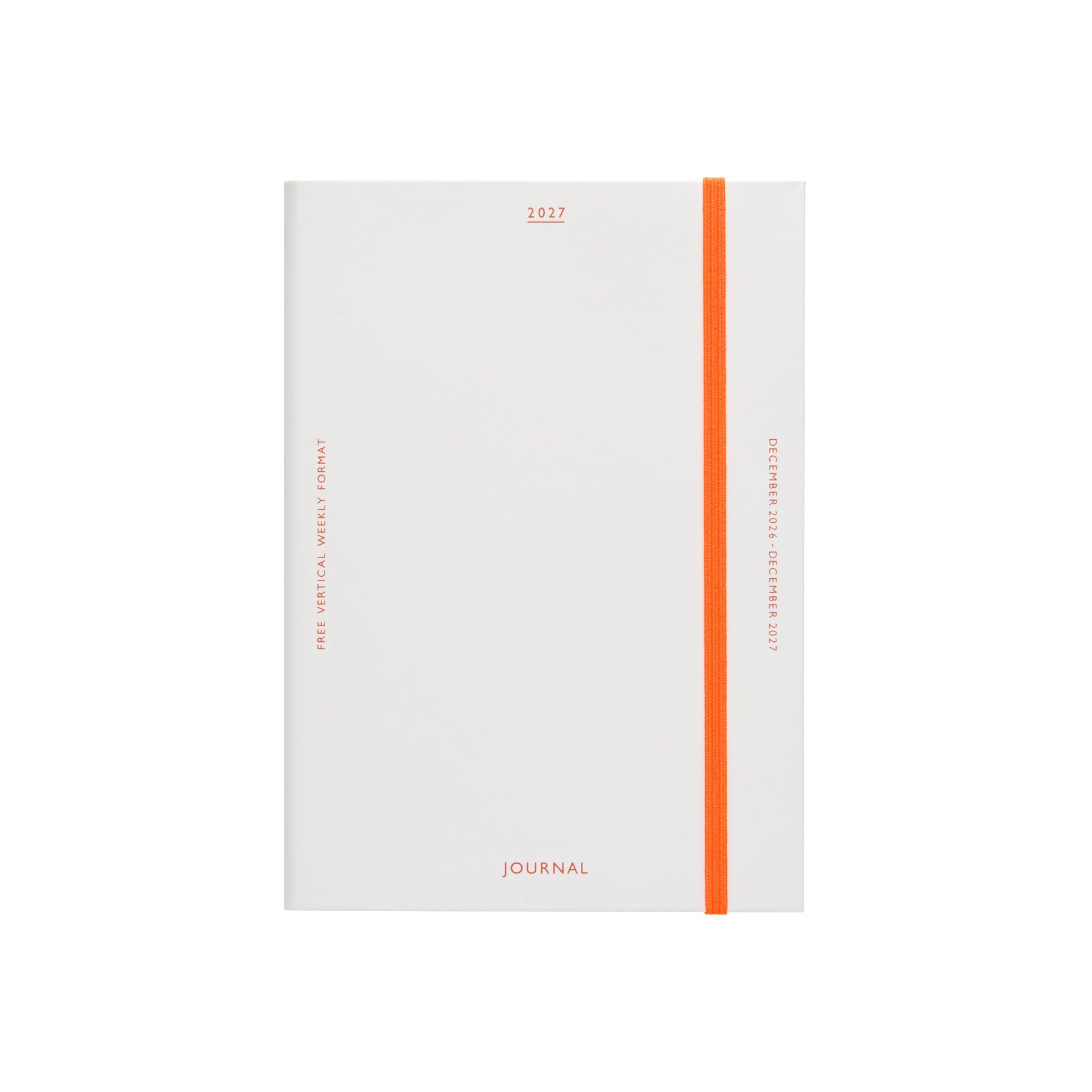 White 2027 weekly planner cover with orange elastic band and orange "Journal" and date text.