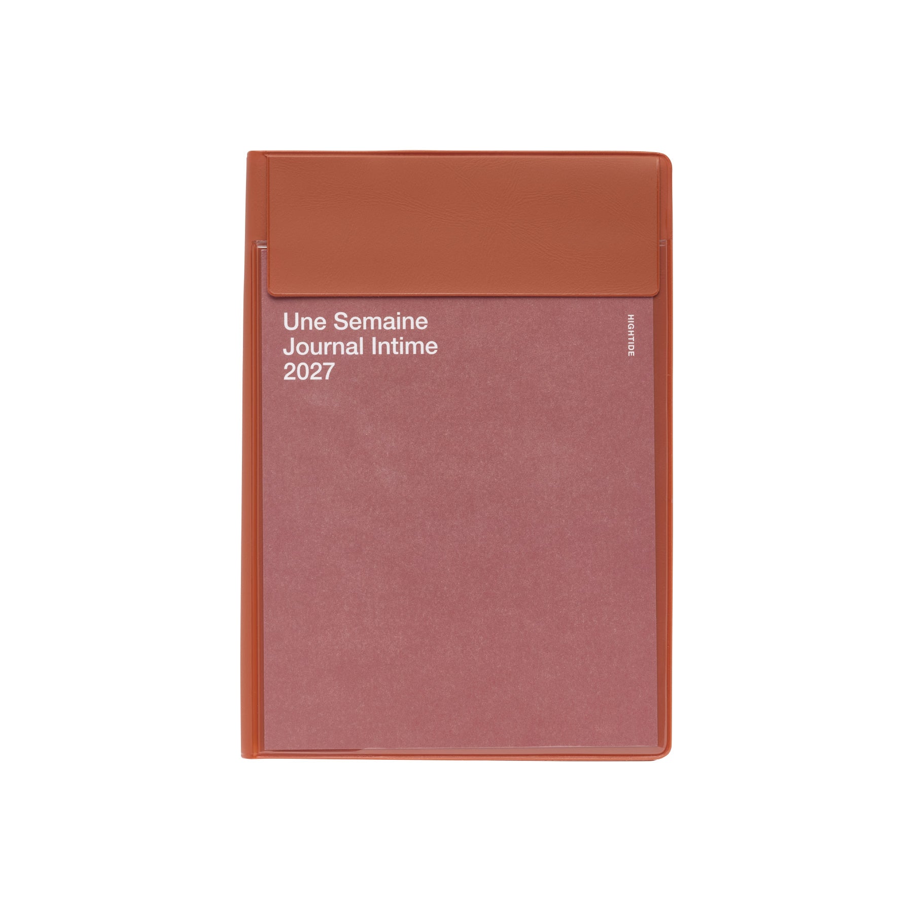 Hightide Iris B6 weekly planner in Orange with a lidded cover pocket, front reading Une Semaine Journal Intime 2027.