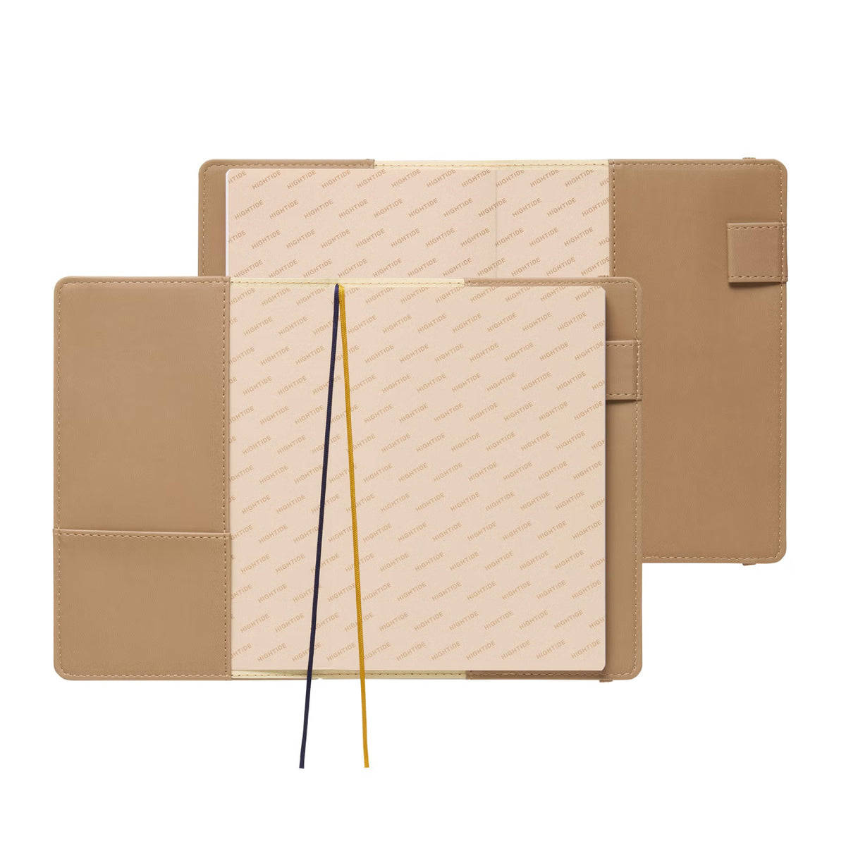 Dark Beige planner opened flat showing patterned inside covers, side pockets and navy and yellow ribbon markers.